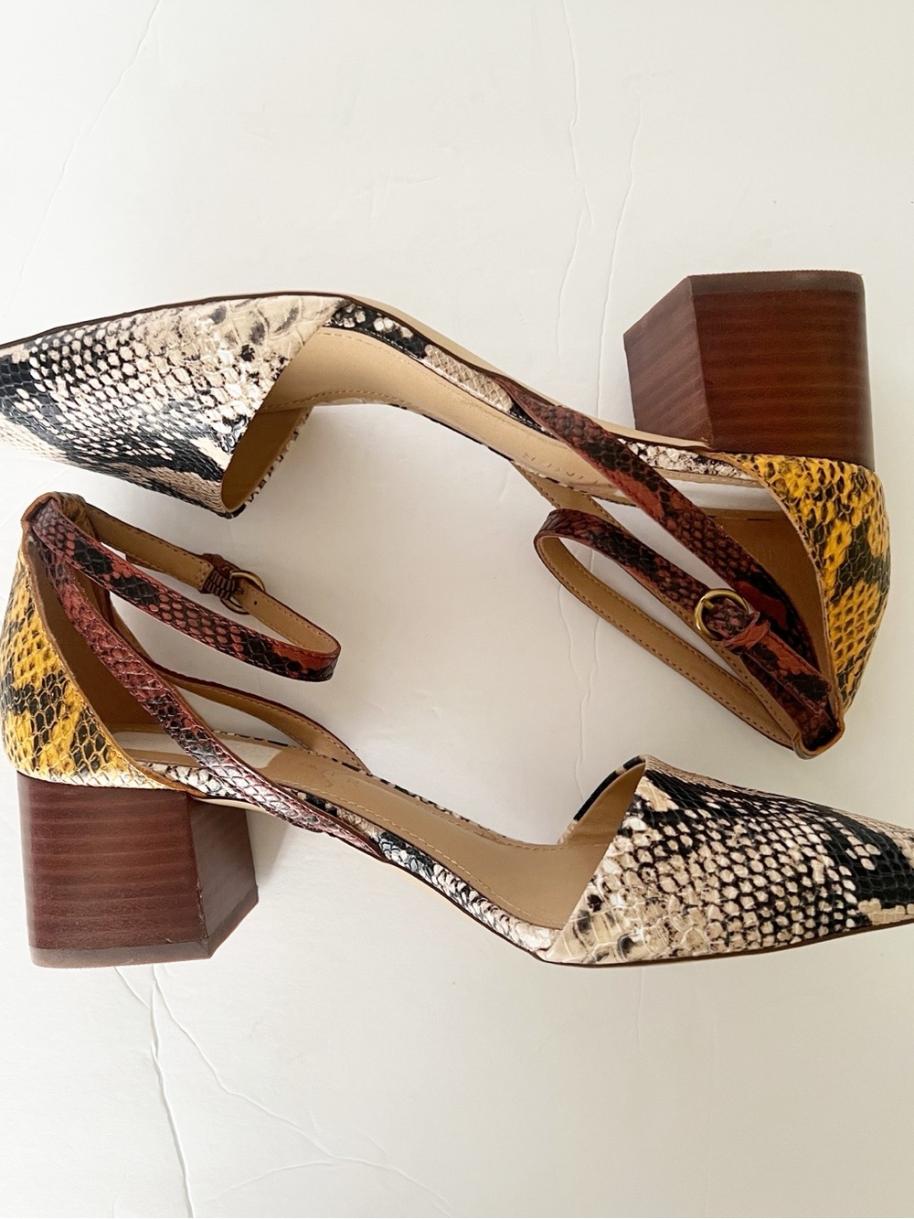 Snake-Print Block Heel Sandals in Multi Color with Ankle Strap